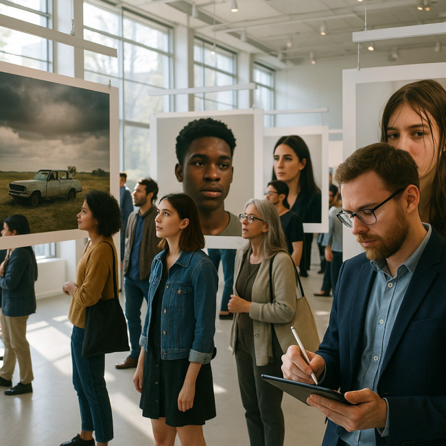 Scène d'une exposition photo avec des jurés prenant des notes