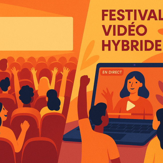 affiche stylisée d'un festival vidéo hybride en ligne et en salle