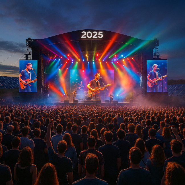 Scène principale d'un festival 2025 au coucher du soleil