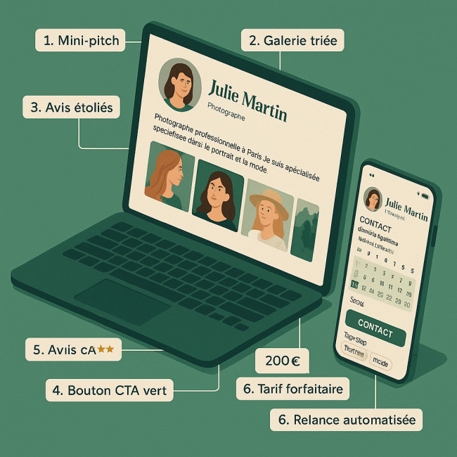 Mockup d'une fiche photographe optimisée avec repères de conversion