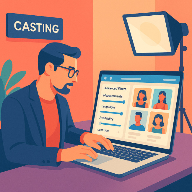 Directeur de casting utilisant des filtres avancés d'annuaire sur son ordinateur