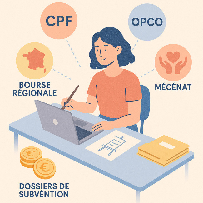 étudiante compare options de financement pour formation en management de galerie d'art
