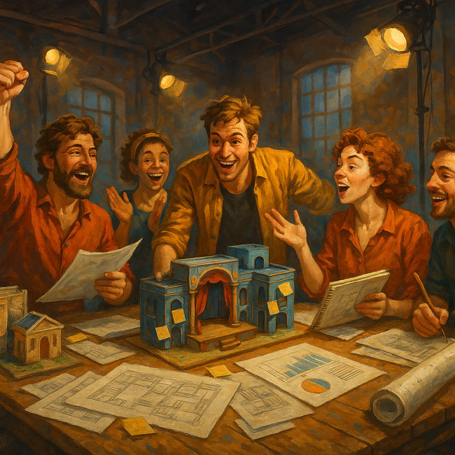 Illustration d'une troupe en répétition finançant son spectacle grâce au public