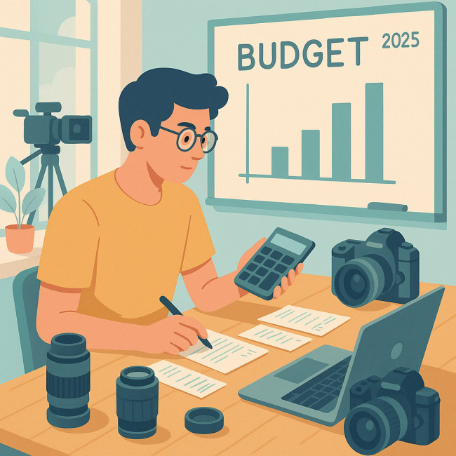Étudiant en image calculant son budget dans un studio