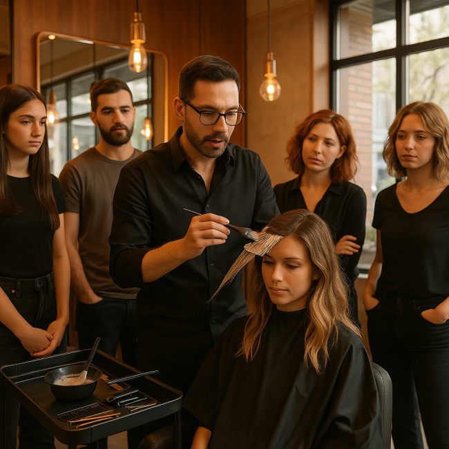 formation professionnelle de coiffeurs autour d'un formateur