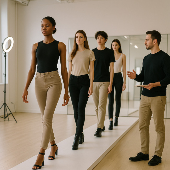 Jeunes mannequins s'entraînant sur un podium en studio