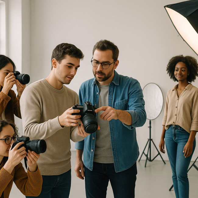 Étudiants photographes en studio pendant un cours pratique