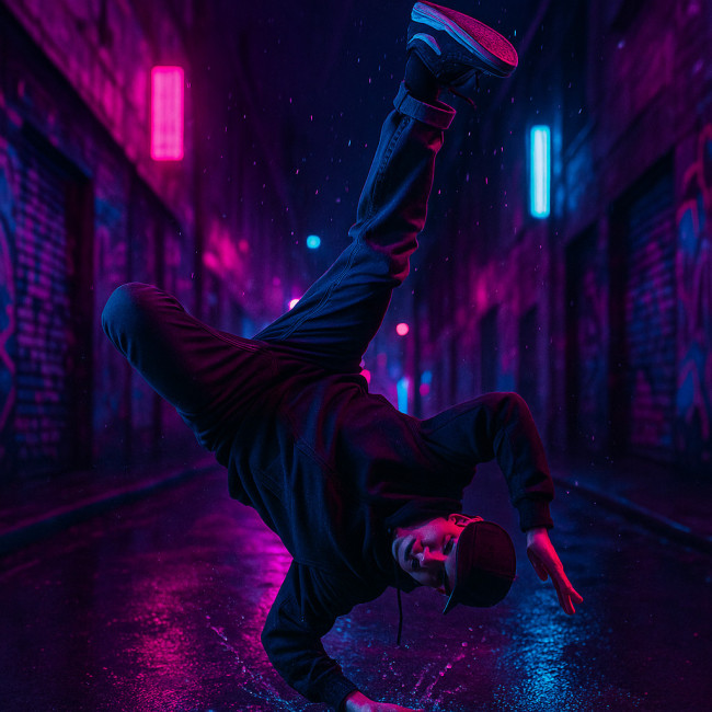 Danseur hip-hop figeant un freeze sous néons urbains