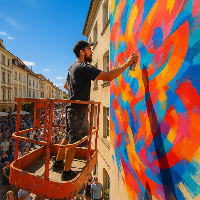 Artiste peignant une fresque géante lors d'un festival