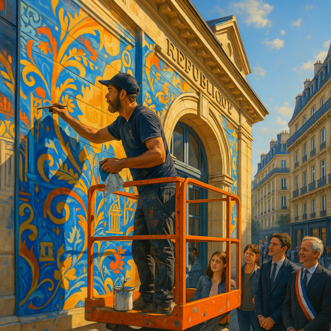 Artiste réalisant une fresque murale pour une collectivité