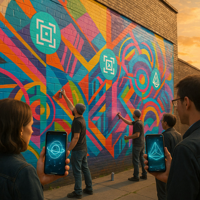 Artistes peignant une fresque augmentée