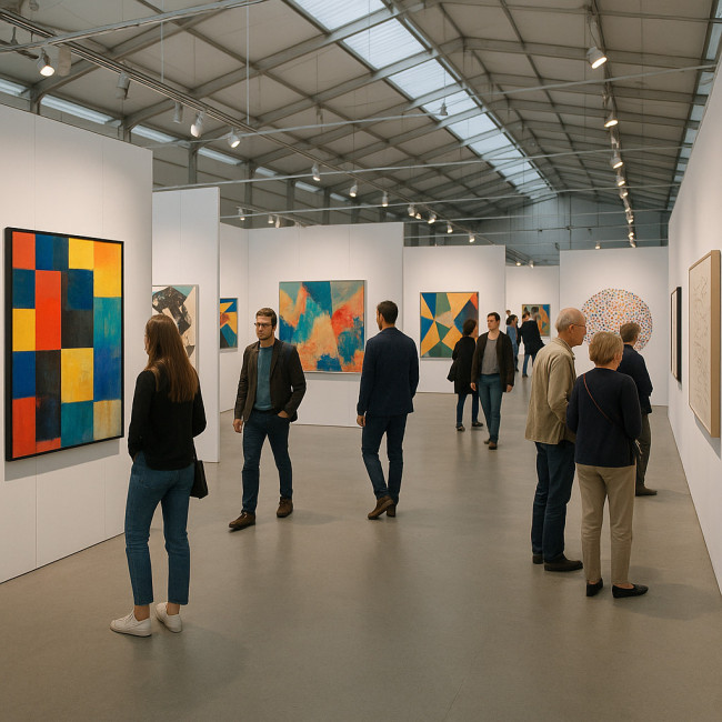 Galerie éphémère avec visiteurs et œuvres contemporaines