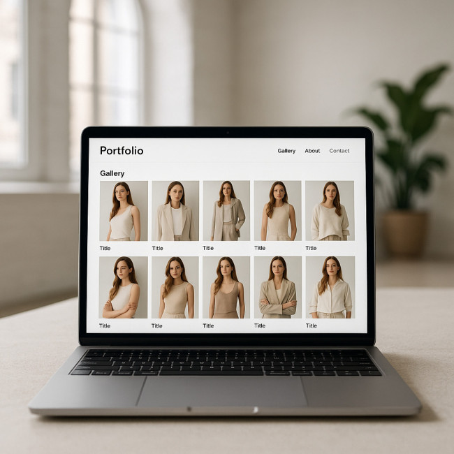 interface web montrant une galerie cohérente de photos de modèle
