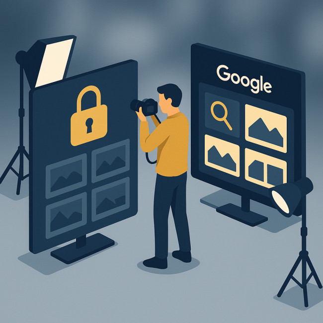 Illustration comparant galerie privée et site public pour photographes