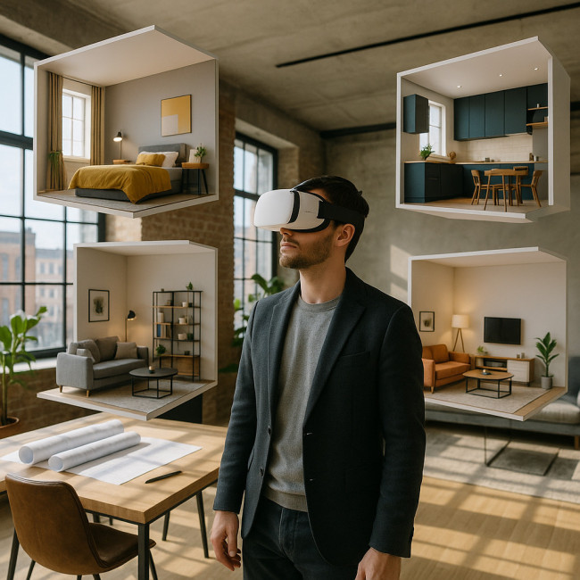 Designer explorant une galerie virtuelle via casque VR