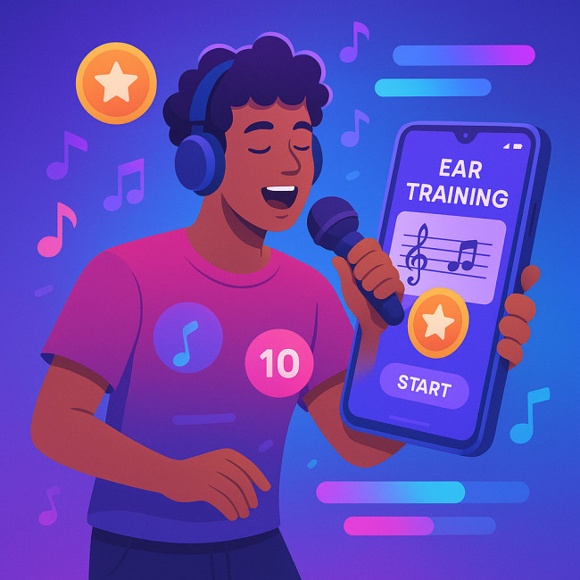 Chanteur utilisant une appli de gamification pour l'oreille musicale