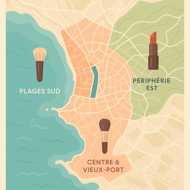 carte stylisée des zones de déplacement d'un maquilleur à Marseille