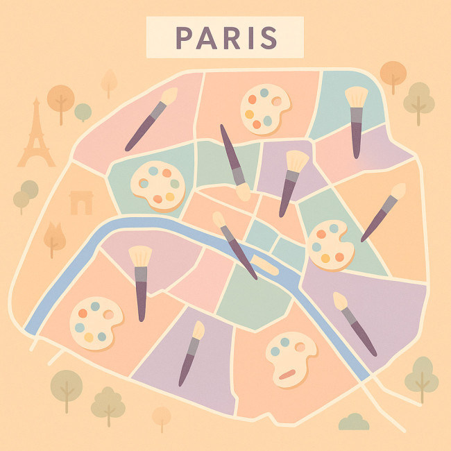Illustration d'une carte stylisée de Paris avec icônes de maquilleurs
