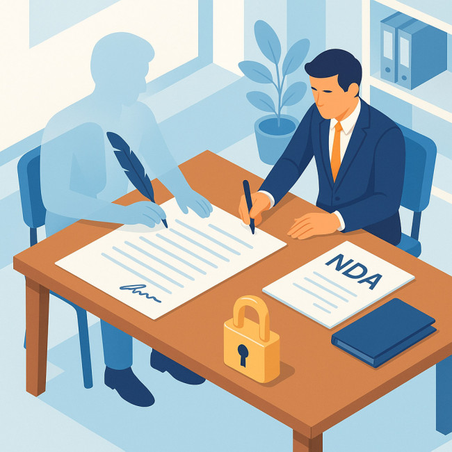 Illustration d'un ghostwriter signant un contrat de confidentialité
