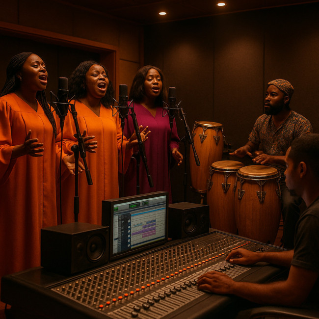 choristes gospel et musiciens afrobeat enregistrant en studio