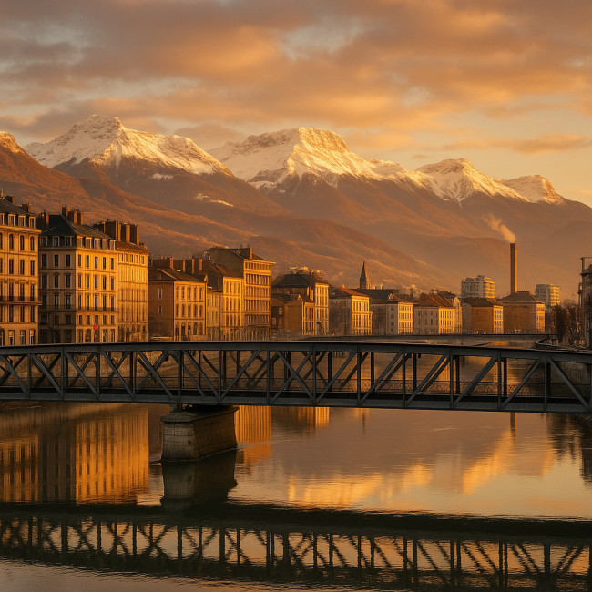 Grenoble entre montagnes et architecture industrielle au lever du soleil