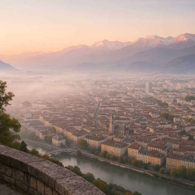 Panorama de Grenoble au lever du soleil vu depuis la Bastille