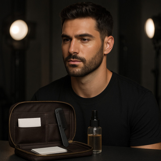 mannequin barbe soignee en coulisses de shooting