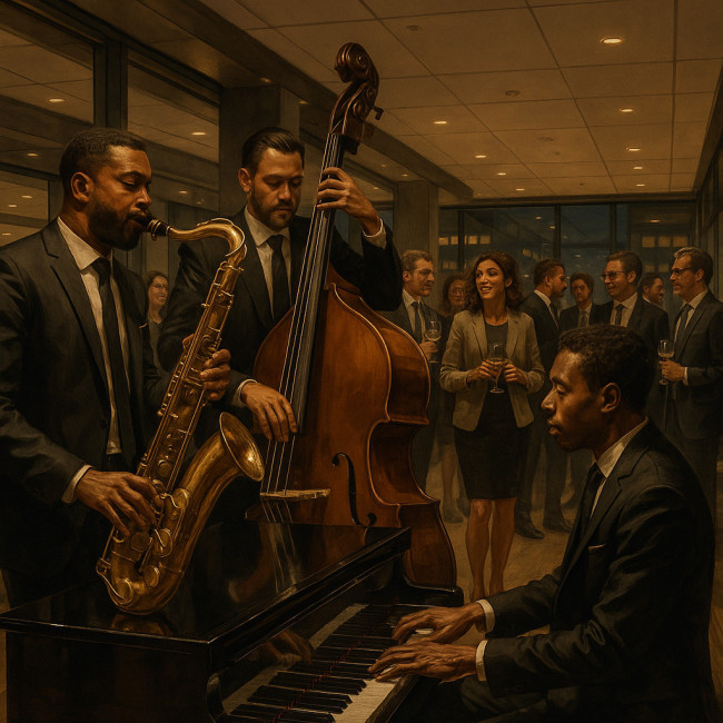 groupe de jazz corporate jouant dans un open space