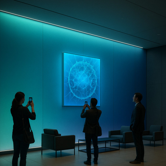 Mur dégradé turquoise bleu nuit avec LED dans une PME tech