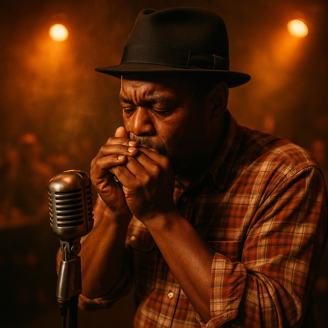 Harmoniciste blues jouant sur scène dans un club intimiste
