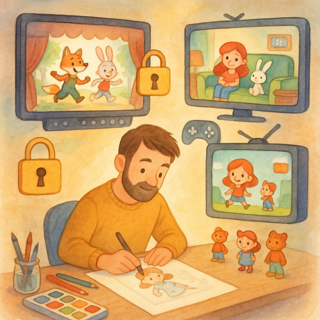 illustrateur entouré d'écrans symbolisant l'adaptation audiovisuelle et la protection de ses droits
