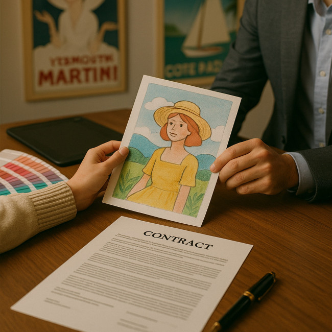 Illustrateur négociant un contrat publicitaire