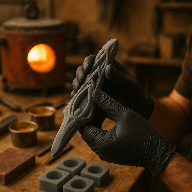 Artisan retouchant une pièce imprimée en 3D avant la fonderie