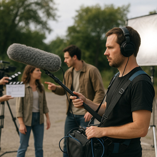 Ingénieur son tenant une perche micro sur un plateau de tournage