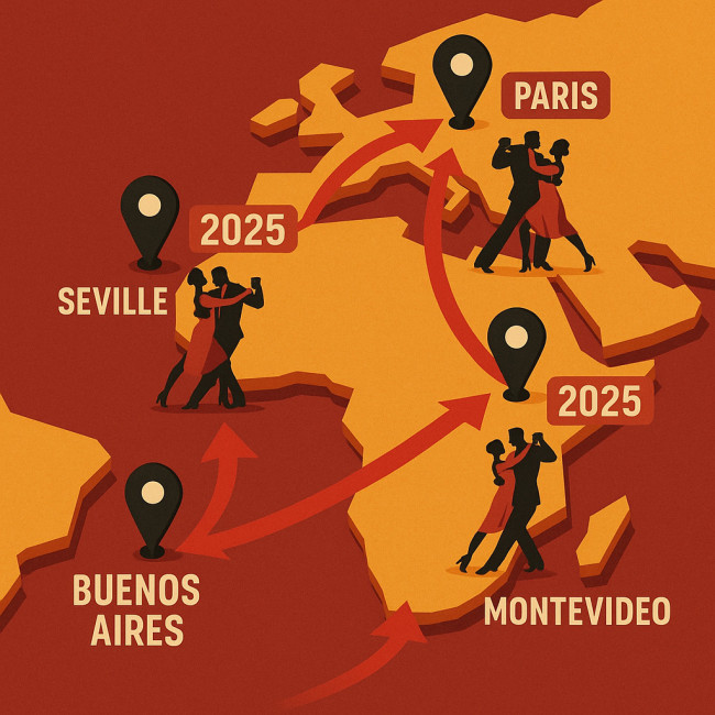 Carte stylisée de la tournée de tango 2025
