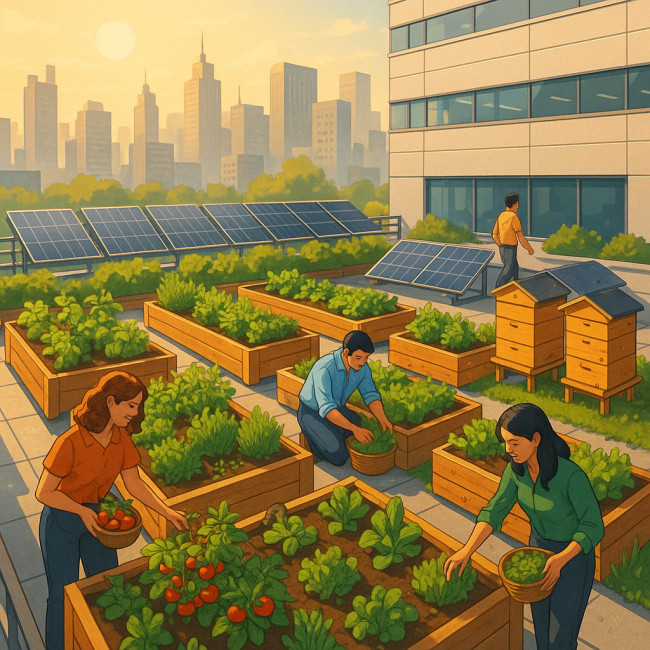 Illustration d'un jardin potager sur un toit d'entreprise