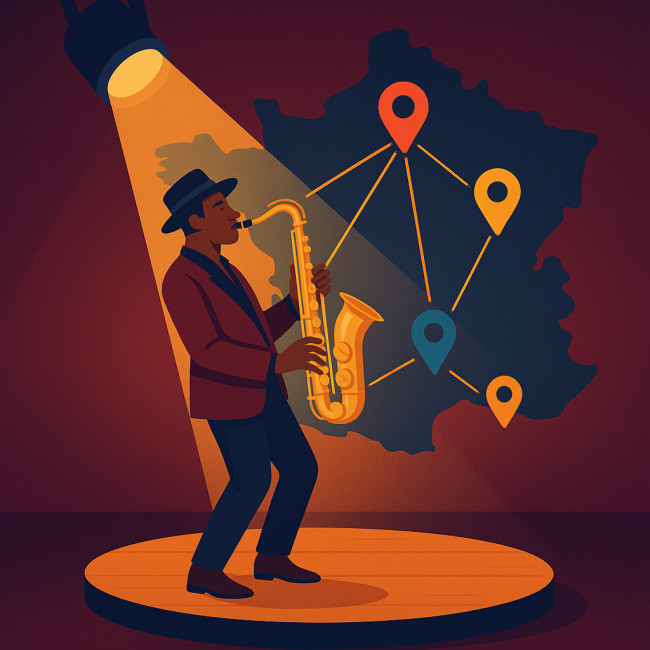 Saxophoniste jazz devant carte géolocalisée