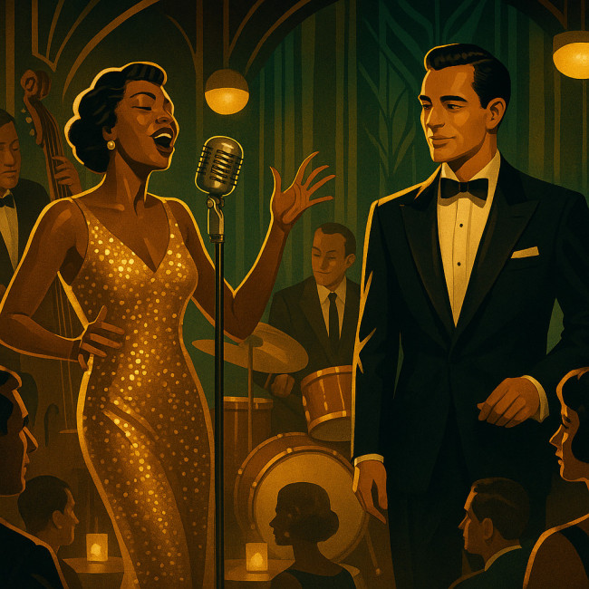 Illustration d'un trio vocal scat-croon-swing dans un club de jazz