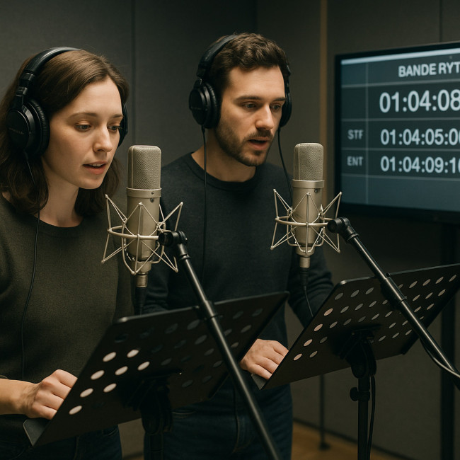 Deux comédiens enregistrent dans un studio de doublage