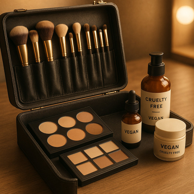 Kit de maquilleur vegan professionnel sur une table de studio
