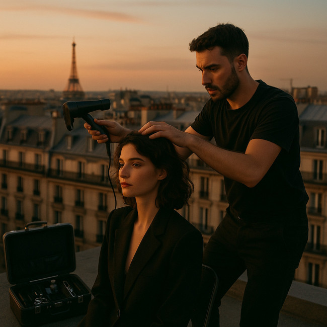 Coiffeur freelance utilisant son kit mobile sur un toit parisien