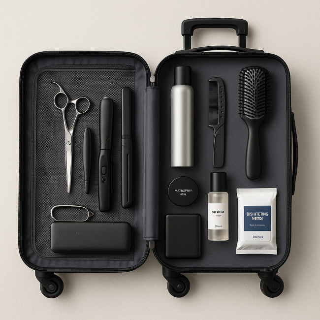 flat lay d'un kit mobilité coiffeur compact et léger