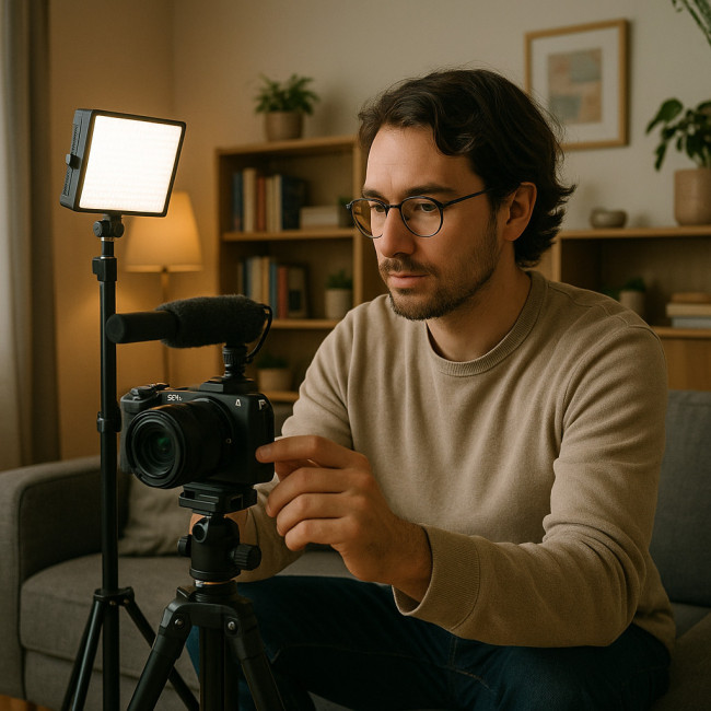 Vidéaste filmant avec un kit vidéo économique