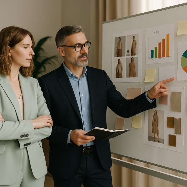 styliste et directeur d'agence analysant des indicateurs de collaboration