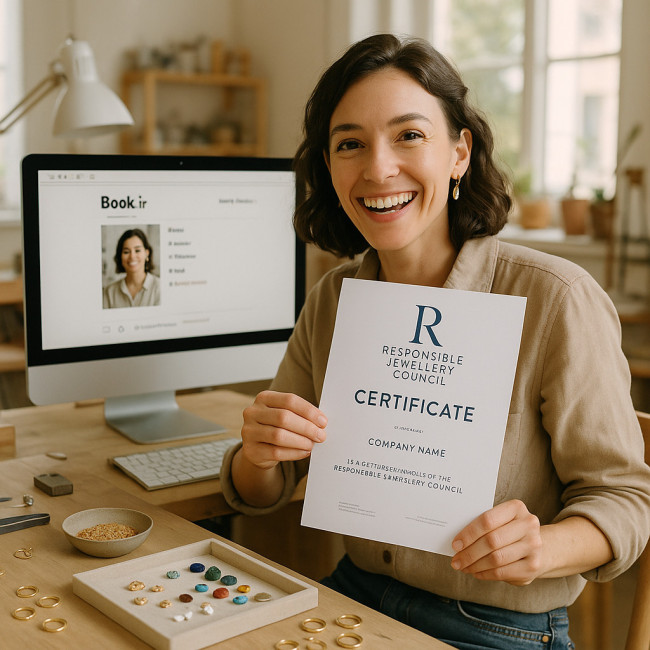 créatrice de bijoux affichant son label RJC sur un écran d'annuaire