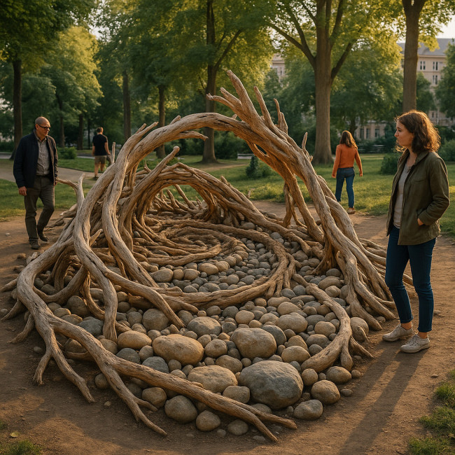 Installation de land art dans un parc public