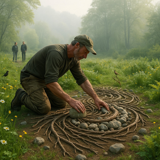 land artiste créant une œuvre en pleine nature