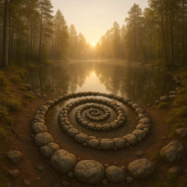 Installation de land art en spirale au bord d'un étang brumeux