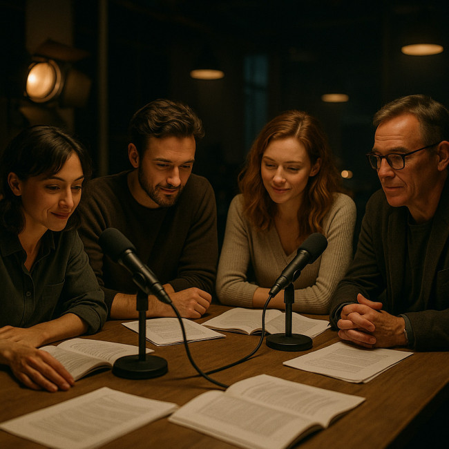 Comédiens réunis autour d'une table lors d'une lecture