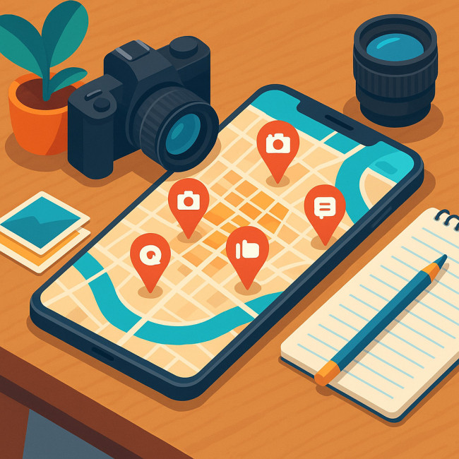 Illustration d'une carte géolocalisée avec icônes photo